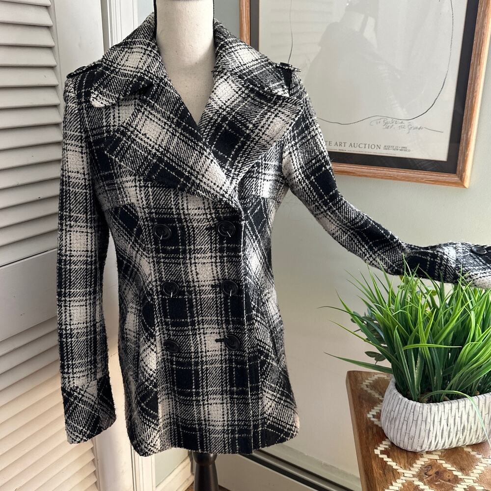 Moda International Pea Coat Womens Small Plaid Wool Blend Preppy Outdoor Classic
